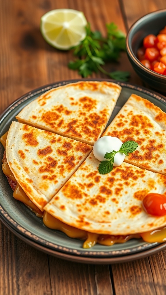 Cheesy quesadilla cut into wedges, served with salsa and sour cream on a rustic plate.